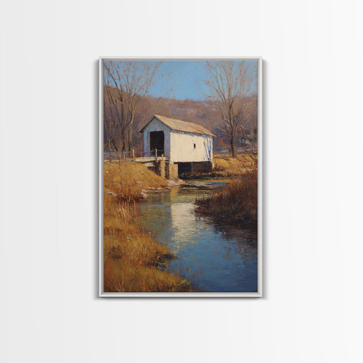 Covered Bridge over a Quiet Creek Canvas Print, Country Art, Art Print, Farmhouse Decor, Fine Art, Country, Watercolor Painting, COU-2x3-71