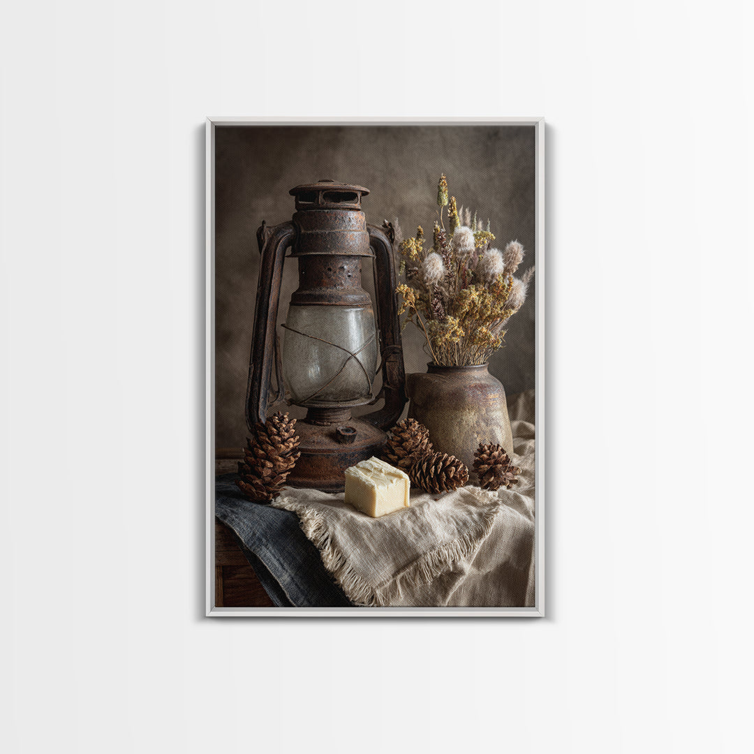 Old Lantern and Pinecones Still Life Framed Canvas Print, Country Art, Farmhouse Wall Decor, Farmhouse Decor, Oil Painting, COU-2x3-8