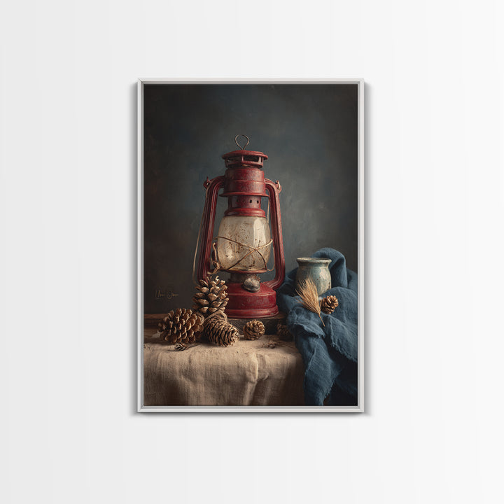 Old Lantern and Pinecones Still Life Framed Canvas Print, Country Art, Farmhouse Decor, Watercolor Art, Country, COU-2x3-80
