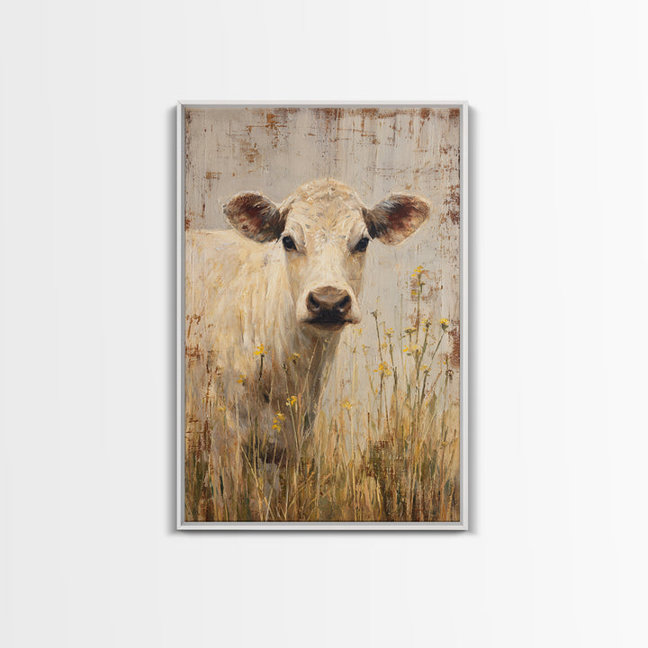 Cow Portrait with Gentle Farmhouse Personality Framed Canvas Print, Country Art, Landscape Painting, Farmhouse Decor, Country, COU-2x3-84