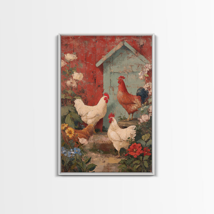 Chickens Pecking Near Garden Flowers Framed Canvas Print, Country Art, Farmhouse Decor, Watercolor Art, Country, COU-2x3-94