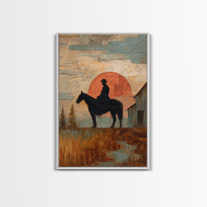 Horse and Rider Silhouette at Dusk Framed Canvas Print, Country Art, Large Wall Art, Farmhouse Decor, Fine Art, Country, COU-2x3-97