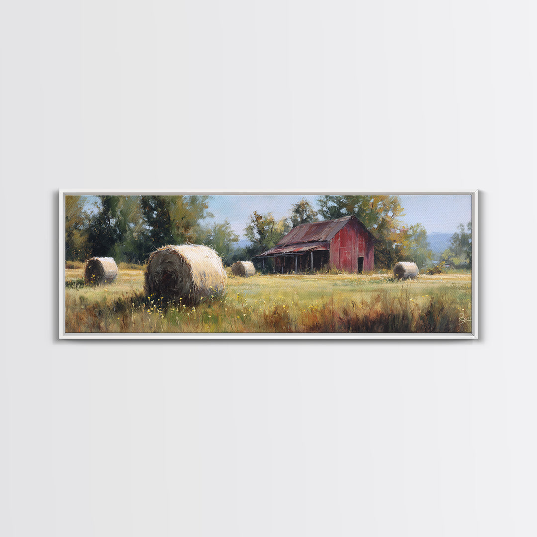 Hay Bales in Late Afternoon Sun Framed Canvas Print, Country Art, Eclectic Wall Art, Farmhouse Decor, Fine Art, Country, COU-3x1-12