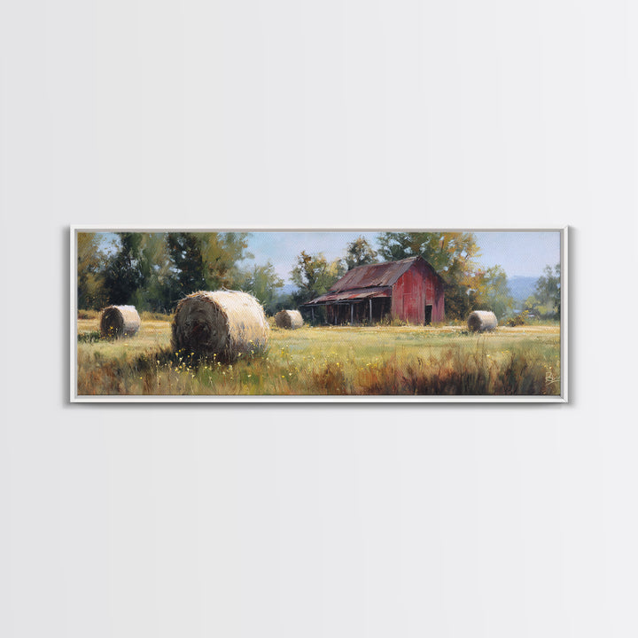 Hay Bales in Late Afternoon Sun Framed Canvas Print, Country Art, Eclectic Wall Art, Farmhouse Decor, Fine Art, Country, COU-3x1-12