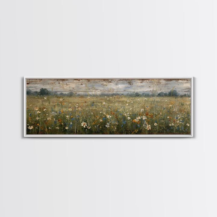 Wildflower Meadow Beside an Old Fence Framed Canvas Print, Country Art, Oil Painting, Farmhouse Decor, Watercolor Art, Country, COU-3x1-18