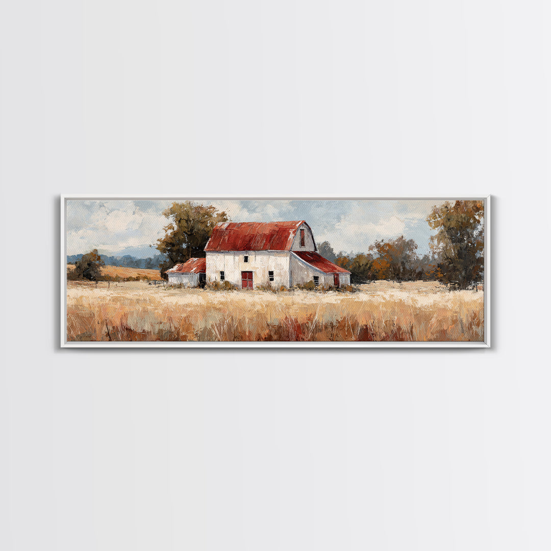 White Farmhouse Surrounded by Tall Grass Framed Canvas Print, Country Art, Art Prints, Farmhouse Decor, Fine Art, Country, COU-3x1-2