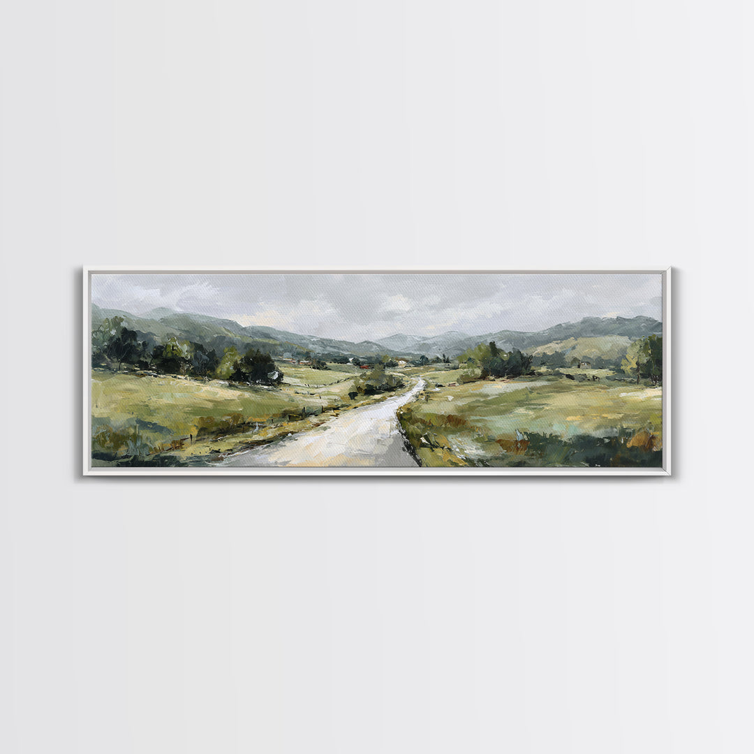 Country Road Disappearing into Green Hills Framed Canvas Print, Country Art, Statement Artwork, Farmhouse Decor, Country, COU-3x1-23