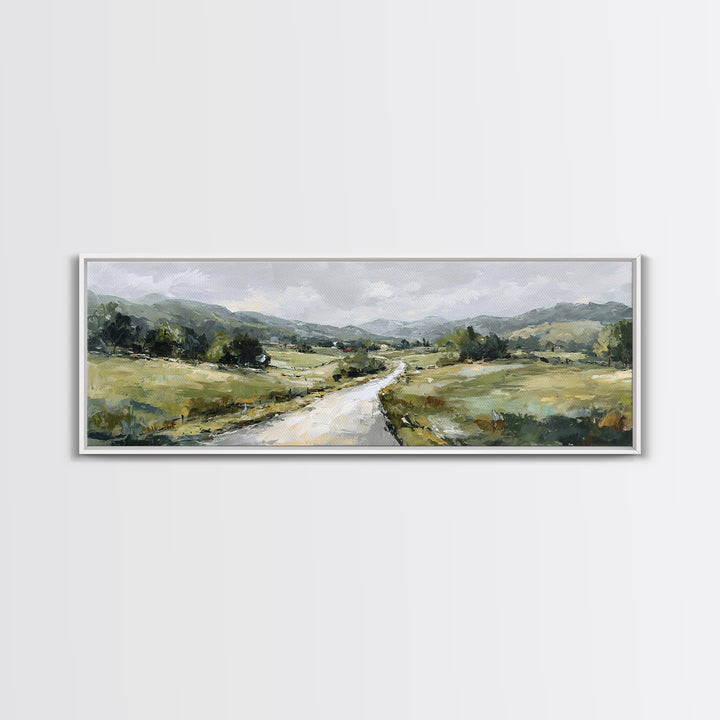 Country Road Disappearing into Green Hills Framed Canvas Print, Country Art, Statement Artwork, Farmhouse Decor, Country, COU-3x1-23