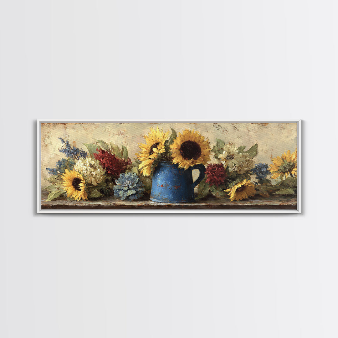 Sunflowers in a Blue Enamel Pitcher Canvas Print, Country Art, Farmhouse Wall Art, Farmhouse Decor, Watercolor Art, Country, COU-3x1-24