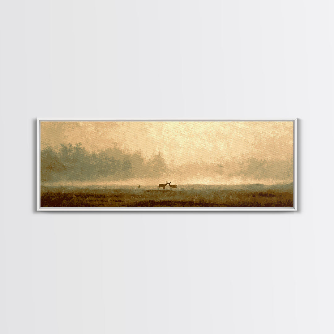 Deer Crossing a Misty Morning Field Framed Canvas Print, Country Art, Boho Decor, Farmhouse Decor, Fine Art, Country, COU-3x1-27