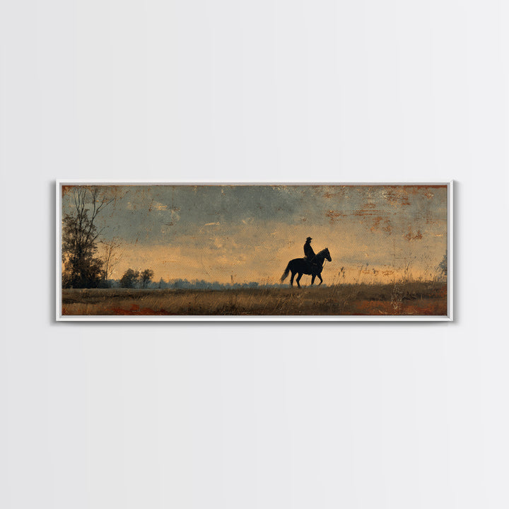 Horse and Rider Silhouette at Dusk Canvas Print, Country Art, Farmhouse Decor, Country, Gallery Wall Art, Landscape Wall Art, COU-3x1-33