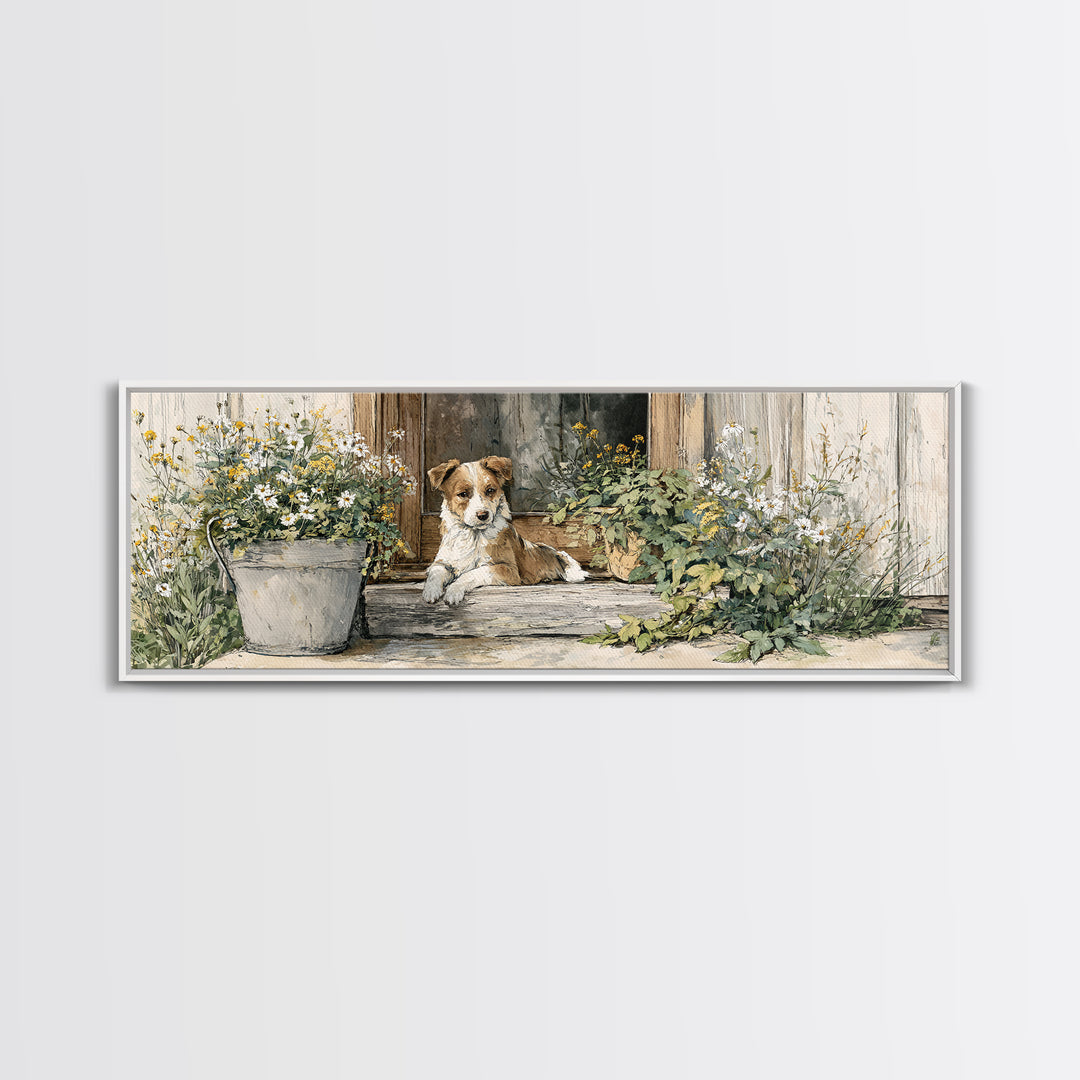 Dog Resting Beside a Porch Flower Pot Canvas Print, Country Art, Original Painting, Farmhouse Decor, Oil Painting, Country, COU-3x1-38