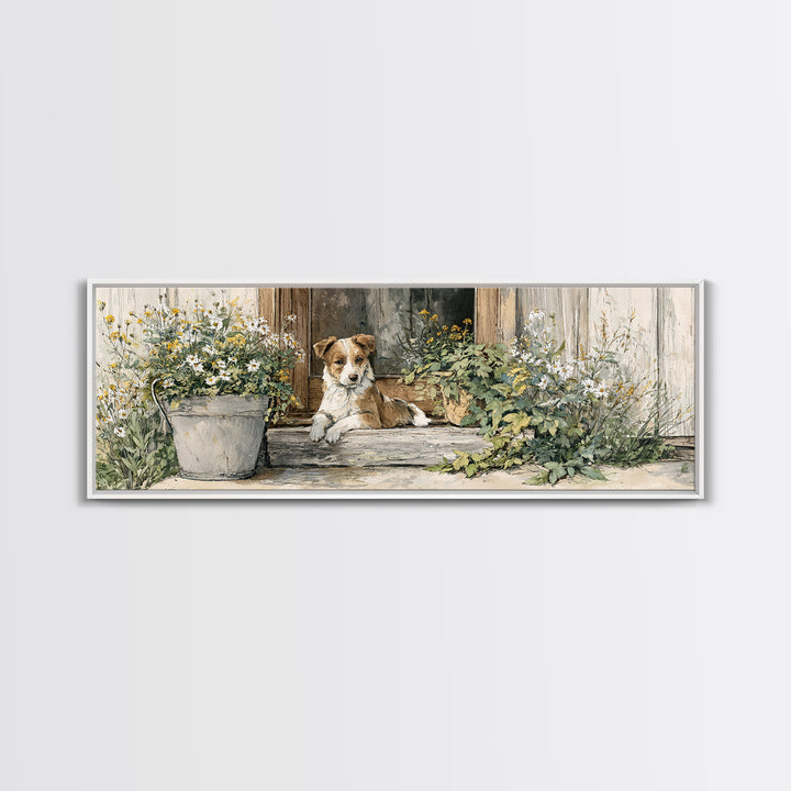 Dog Resting Beside a Porch Flower Pot Canvas Print, Country Art, Original Painting, Farmhouse Decor, Oil Painting, Country, COU-3x1-38