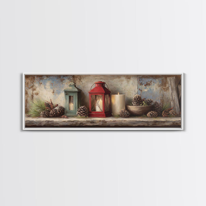 Old Lantern and Pinecones Still Life Canvas Print, Country Art, Gallery Decor, Farmhouse Decor, Fine Art, Country, COU-3x1-40
