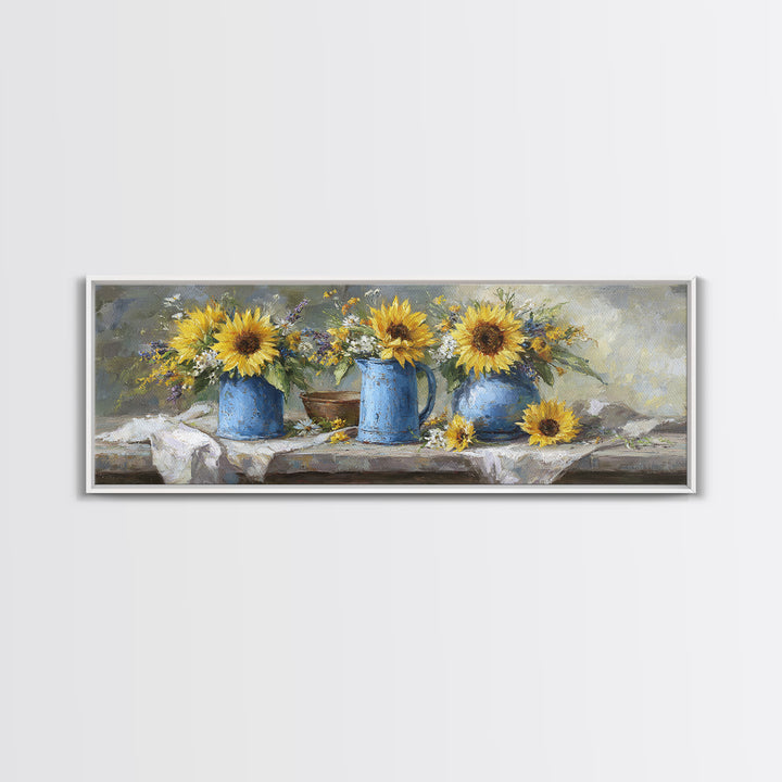 Sunflowers in a Blue Enamel Pitcher Canvas Print, Country Art, Luxury Decor, Farmhouse Decor, Fine Art, Country, COU-3x1-48