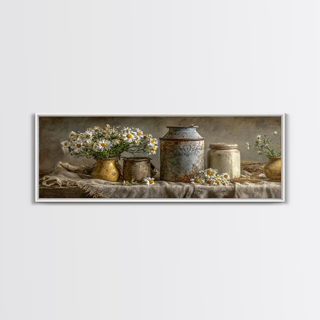 Milk Can and Daisies Rustic Still Life Framed Canvas Print, Country Art, Oil Painting, Farmhouse Decor, Watercolor Art, Country, COU-3x1-5