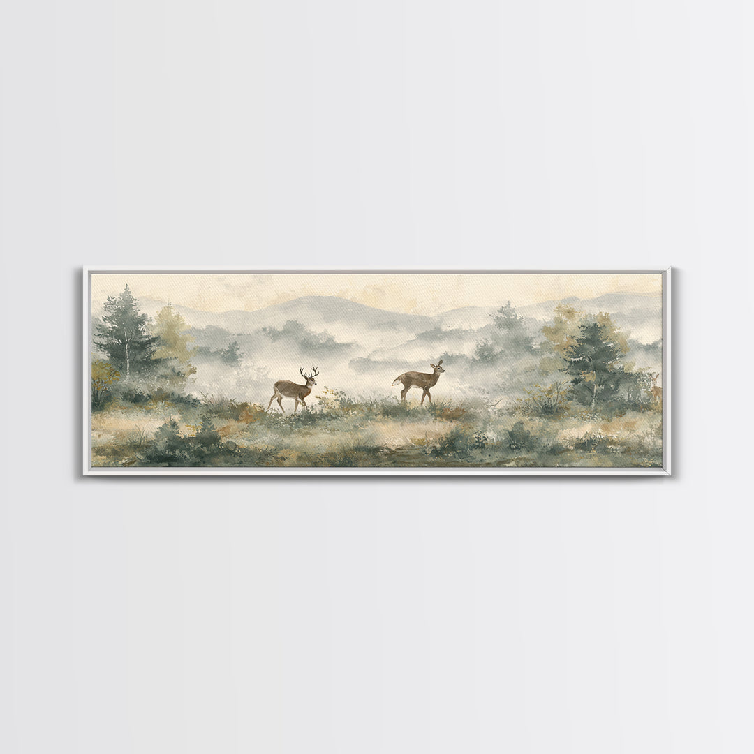 Deer Crossing a Misty Morning Field Framed Canvas Print, Country Art, Digital Prints, Farmhouse Decor, Fine Art, Country, COU-3x1-51