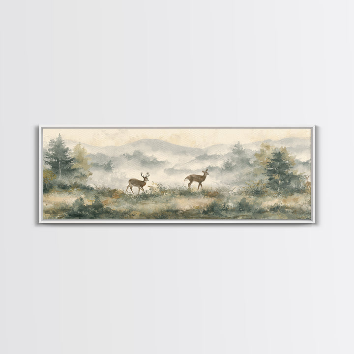 Deer Crossing a Misty Morning Field Framed Canvas Print, Country Art, Digital Prints, Farmhouse Decor, Fine Art, Country, COU-3x1-51