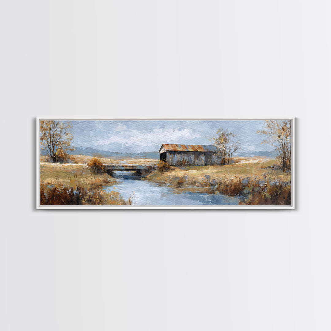 Covered Bridge over a Quiet Creek Framed Canvas Print, Country Art, Contemporary Art, Farmhouse Decor, Fine Art, Country, COU-3x1-55