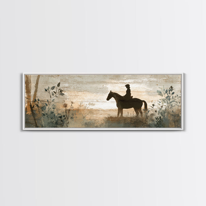 Horse and Rider Silhouette at Dusk Framed Canvas Print, Country Art, Digital Art Prints, Farmhouse Decor, Fine Art, Country, COU-3x1-57
