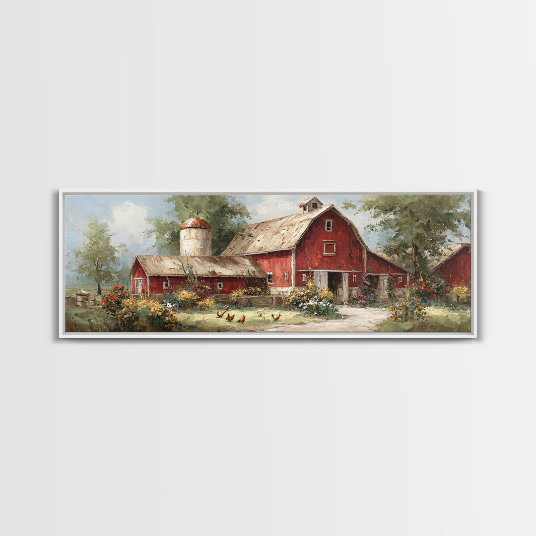 Chickens Pecking Near Garden Flowers Canvas Print, Country Art, Digital Art Prints, Farmhouse Decor, Fine Art, Country, COU-3x1-6