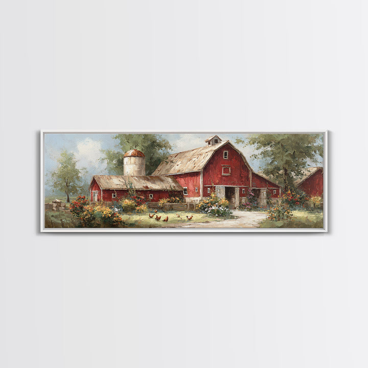 Chickens Pecking Near Garden Flowers Canvas Print, Country Art, Digital Art Prints, Farmhouse Decor, Fine Art, Country, COU-3x1-6