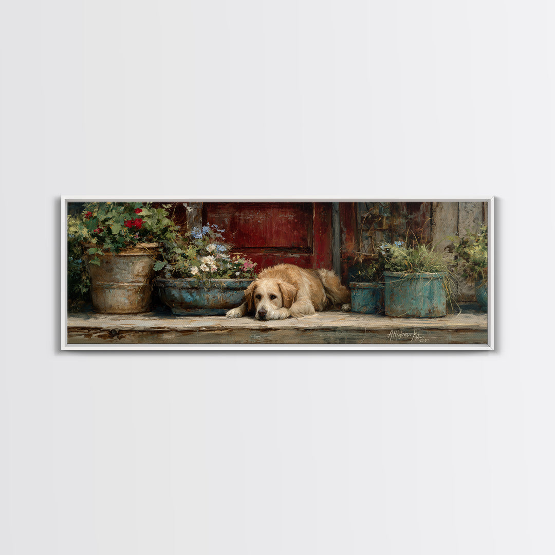 Dog Resting Beside a Porch Flower Pot Canvas Print, Country Art, Gallery Decor, Farmhouse Decor, Fine Art, Country, COU-3x1-62