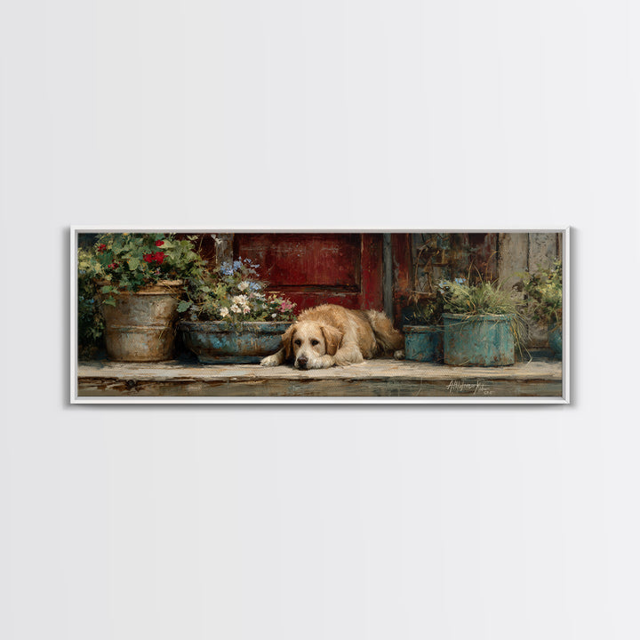 Dog Resting Beside a Porch Flower Pot Canvas Print, Country Art, Gallery Decor, Farmhouse Decor, Fine Art, Country, COU-3x1-62