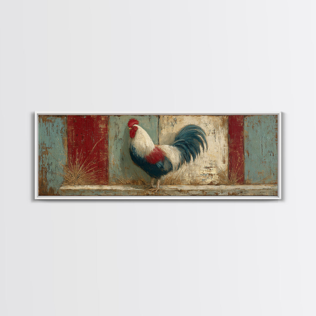 Rooster in Bold Folk Art Color Framed Canvas Print, Country Art, Eclectic Wall Art, Farmhouse Decor, Fine Art, Country, COU-3x1-69