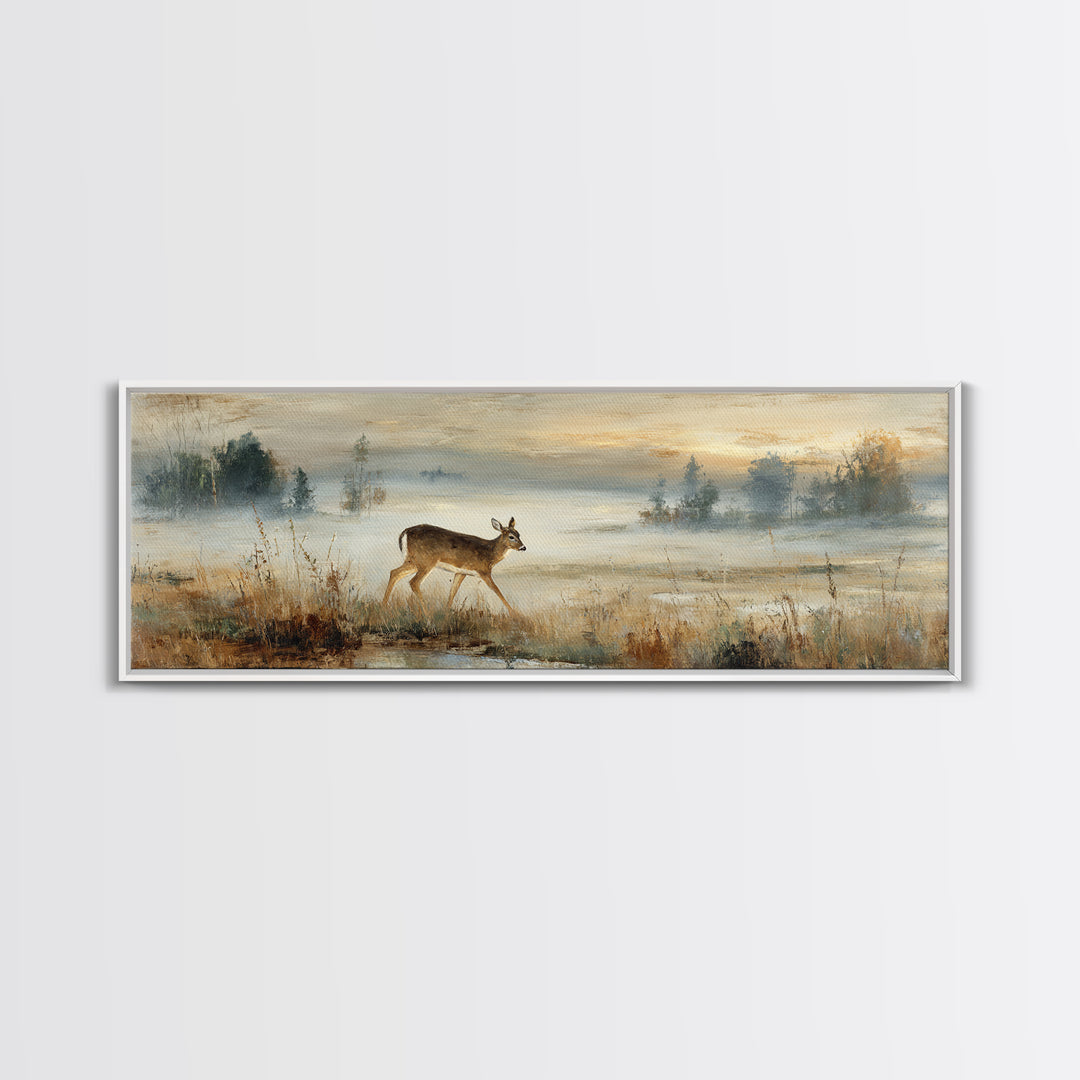 Deer Crossing a Misty Morning Field Canvas Print, Country Art, Digital Wall Art, Farmhouse Decor, Country, Floral Wall Art, COU-3x1-75