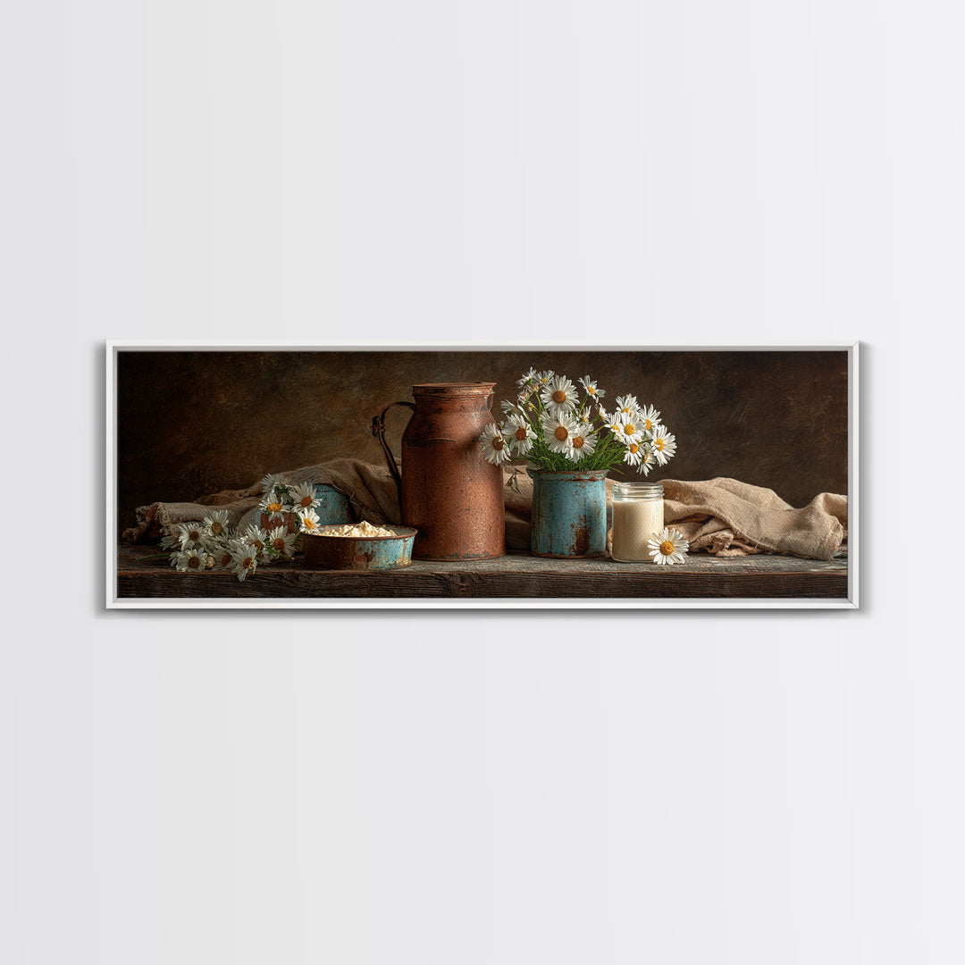 Milk Can and Daisies Rustic Still Life Framed Canvas Print, Country Art, Farmhouse Wall Decor, Farmhouse Decor, Country, COU-3x1-77