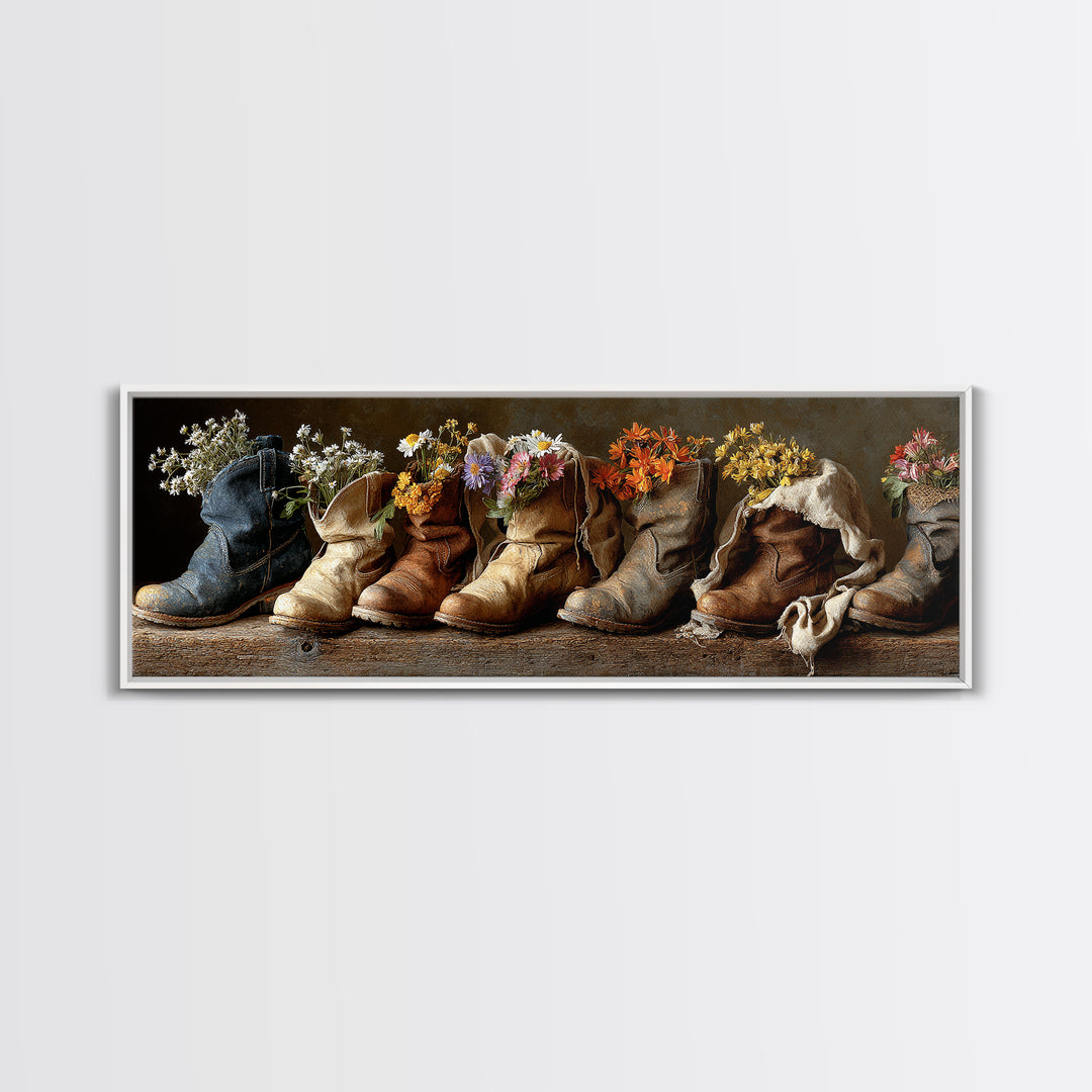 Weathered Boots with Wildflowers Tucked Inside Canvas Print, Country Art, Landscape Painting, Farmhouse Decor, Watercolor Art, COU-3x1-8