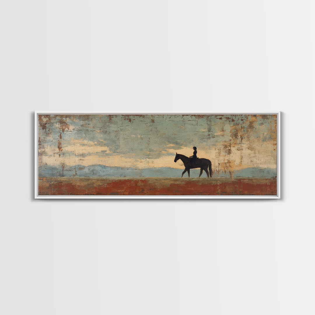 Horse and Rider Silhouette at Dusk Framed Canvas Print, Country Art, Digital Art Prints, Farmhouse Decor, Fine Art, Country, COU-3x1-81