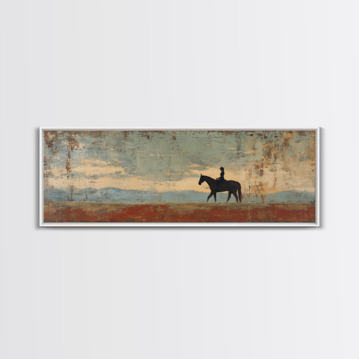 Horse and Rider Silhouette at Dusk Framed Canvas Print, Country Art, Digital Art Prints, Farmhouse Decor, Fine Art, Country, COU-3x1-81