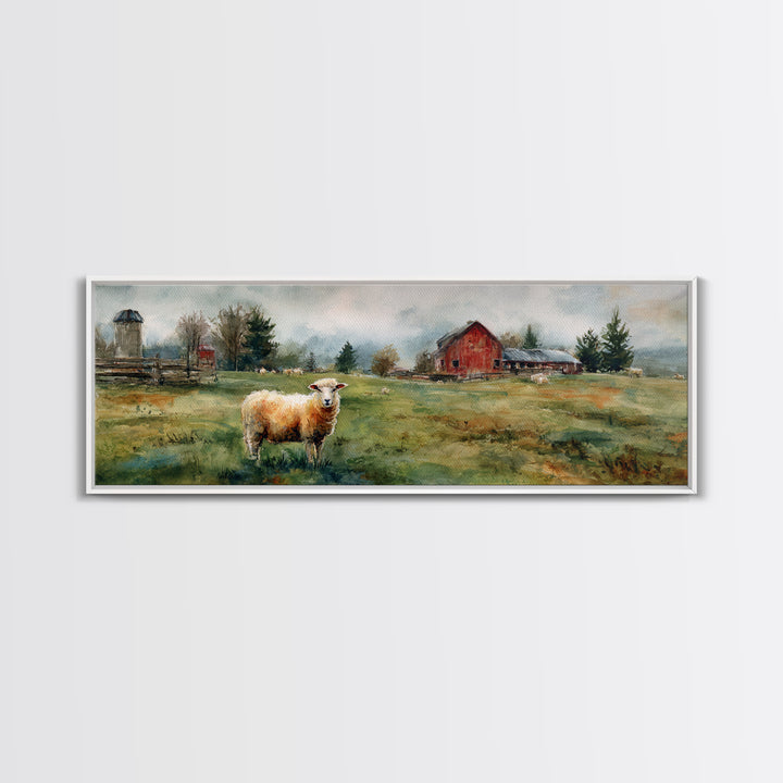 Watercolor Sheep in a Green Pasture Framed Canvas Print, Country Art, Printable Wall Art, Farmhouse Decor, Fine Art, Country, COU-3x1-87