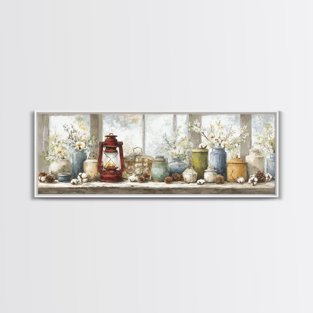 Old Lantern and Pinecones Still Life Canvas Print, Country Art, Minimalist Decor, Farmhouse Decor, Oil Painting, Country, COU-3x1-88