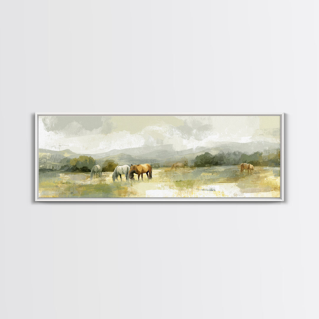 Rolling Pasture with Grazing Horses at Sunrise Canvas Print, Country Art, Landscape Wall Art, Farmhouse Decor, Country, COU-3x1-89