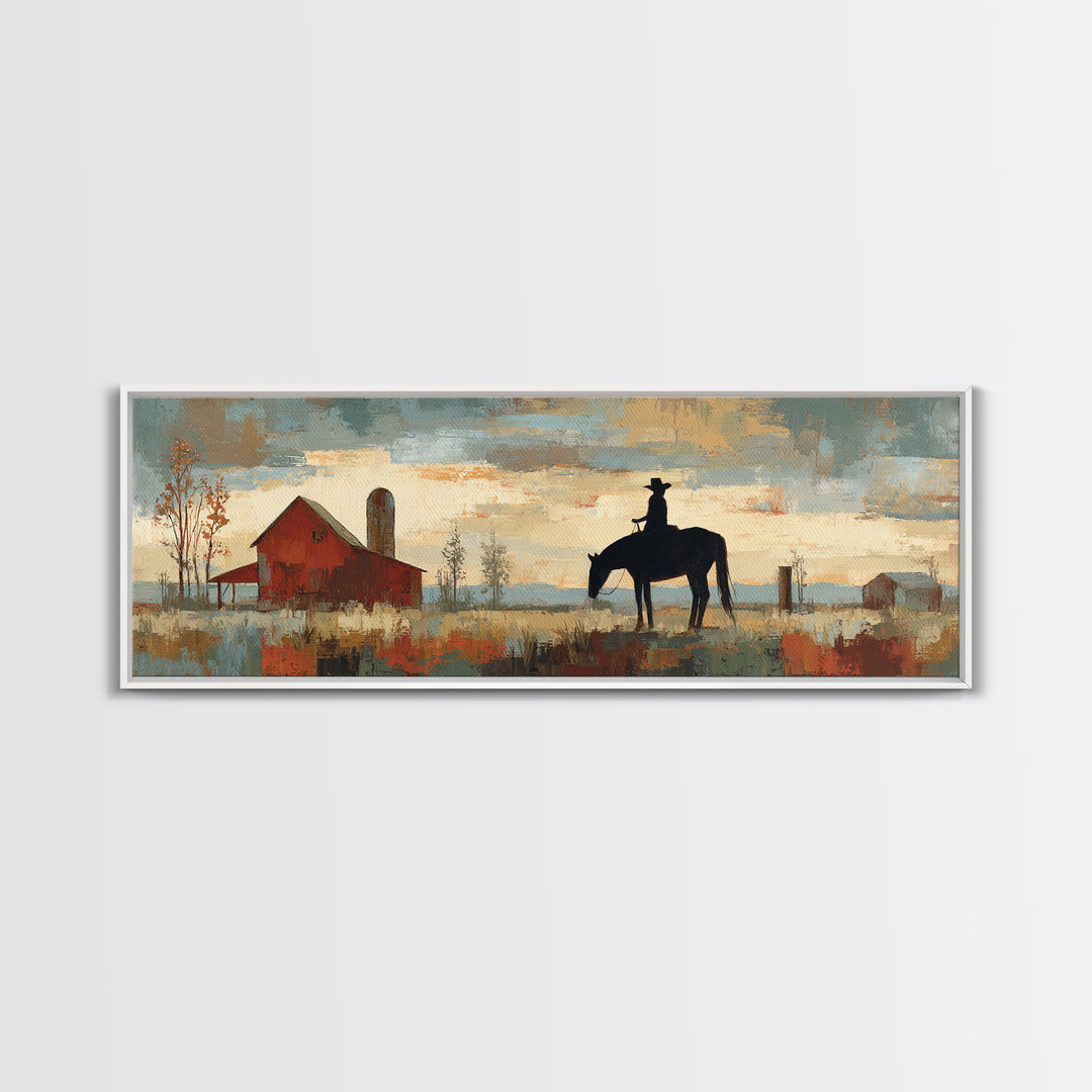 Horse and Rider Silhouette at Dusk Framed Canvas Print, Country Art, Digital Wall Art, Farmhouse Decor, Fine Art, Country, COU-3x1-9
