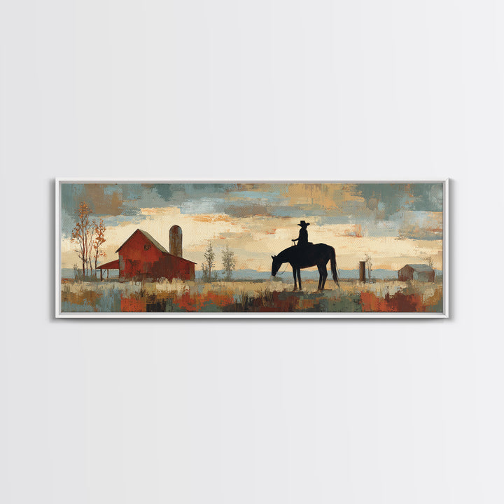Horse and Rider Silhouette at Dusk Framed Canvas Print, Country Art, Digital Wall Art, Farmhouse Decor, Fine Art, Country, COU-3x1-9