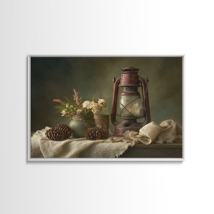 Old Lantern and Pinecones Still Life Framed Canvas Print, Country Art, Modern Decor, Farmhouse Decor, Oil Painting, Country, COU-3x2-100