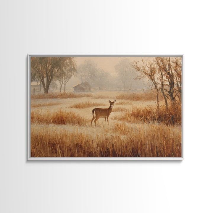 Deer Crossing a Misty Morning Field Framed Canvas Print, Country Art, Oil Painting, Farmhouse Decor, Fine Art, Country, COU-3x2-15
