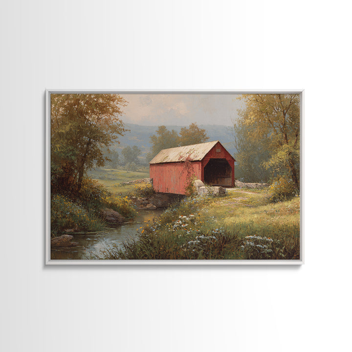 Covered Bridge over a Quiet Creek Framed Canvas Print, Country Art, Landscape Painting, Farmhouse Decor, Fine Art, Country, COU-3x2-19