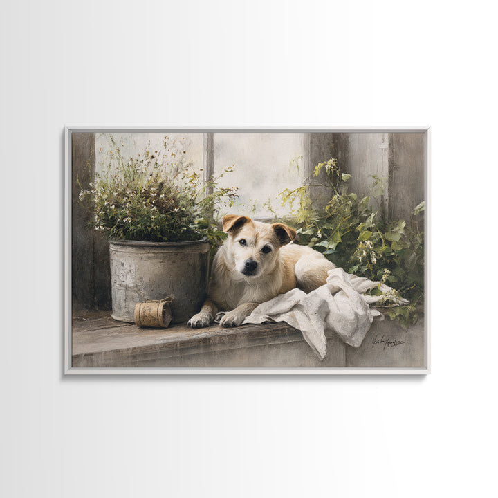 Dog Resting Beside a Porch Flower Pot Canvas Print, Country Art, Digital Wall Art, Farmhouse Decor, Fine Art, Country, COU-3x2-26