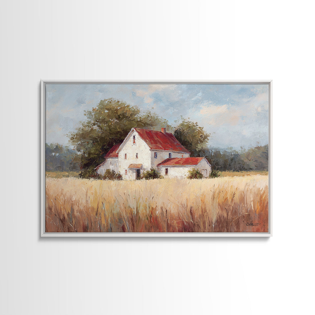 White Farmhouse Surrounded by Tall Grass Canvas Print, Country Art, Digital Print, Farmhouse Decor, Fine Art, Country, COU-3x2-38