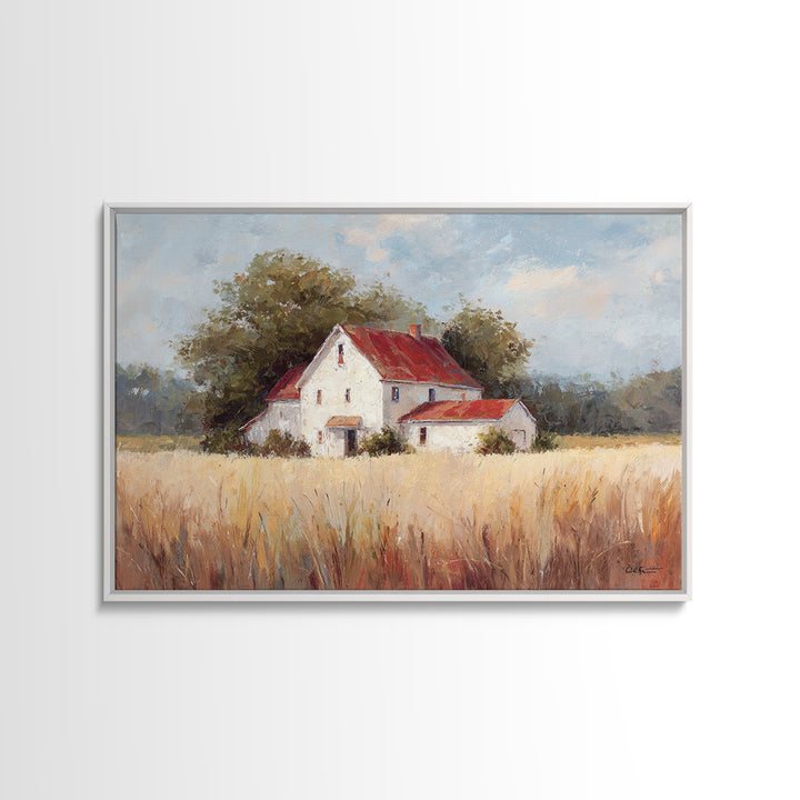 White Farmhouse Surrounded by Tall Grass Canvas Print, Country Art, Digital Print, Farmhouse Decor, Fine Art, Country, COU-3x2-38
