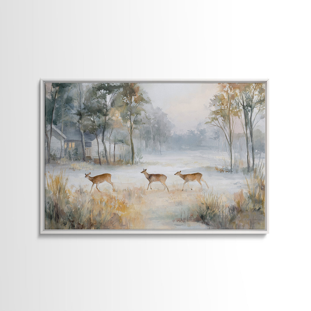 Deer Crossing a Misty Morning Field Framed Canvas Print, Country Art, Wall Decor, Farmhouse Decor, Fine Art, Country, COU-3x2-39