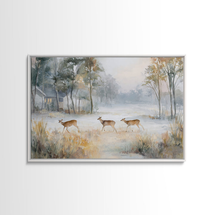 Deer Crossing a Misty Morning Field Framed Canvas Print, Country Art, Wall Decor, Farmhouse Decor, Fine Art, Country, COU-3x2-39