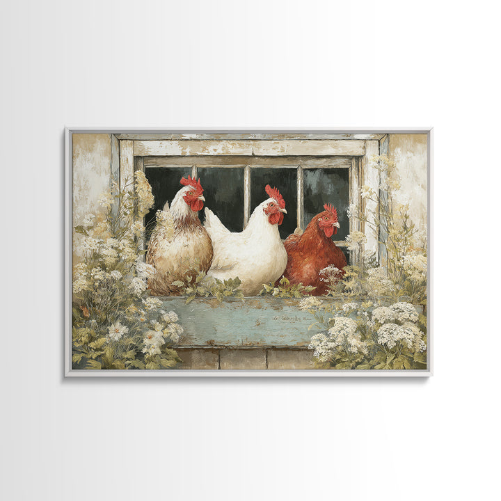 Chickens Pecking Near Garden Flowers Canvas Print, Country Art, Printable Art, Farmhouse Decor, Watercolor Art, Country, COU-3x2-42