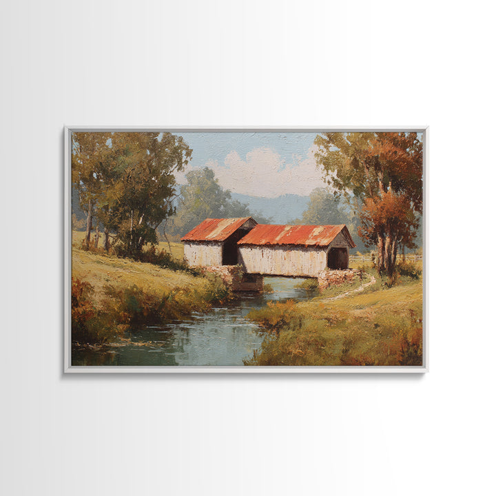 Covered Bridge over a Quiet Creek Canvas Print, Country Art, Landscape Wall Art, Farmhouse Decor, Abstract Art, Country, COU-3x2-43
