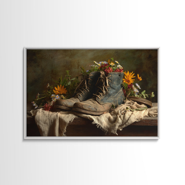 Weathered Boots with Wildflowers Tucked Inside Canvas Print, Country Art, Farmhouse Wall Decor, Farmhouse Decor, Country, COU-3x2-44
